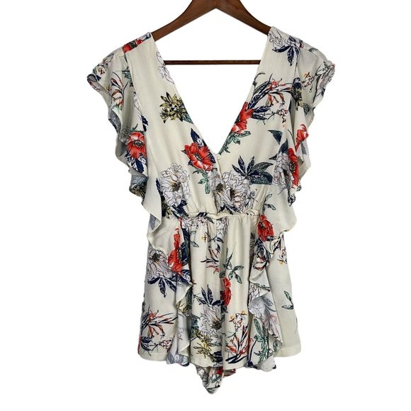 MinkPink Cream Floral Boho Ruffle Flutter Sleeve Tie Back Feminine Romper Sz XS - Picture 3 of 11